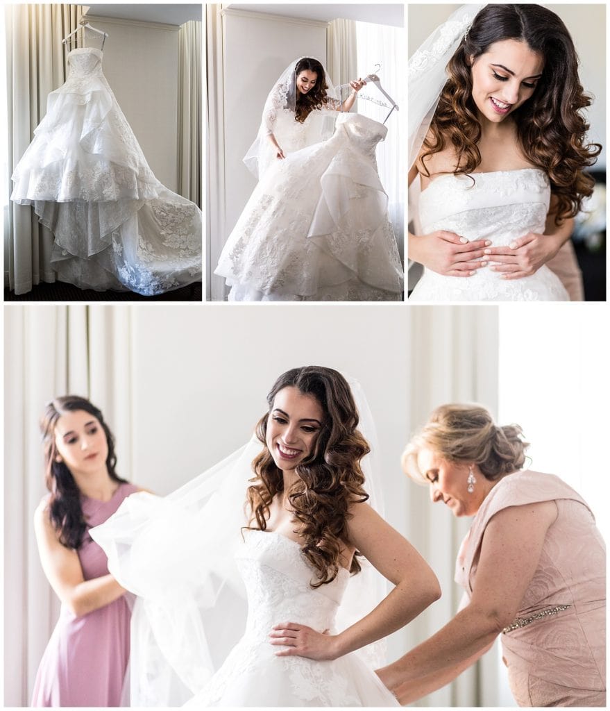 Bride getting into dress collage with lace ballgown hanging in window, bride holding her dress, and mother of the bride and bridesmaid helping bride into dress at Loews Philadelphia