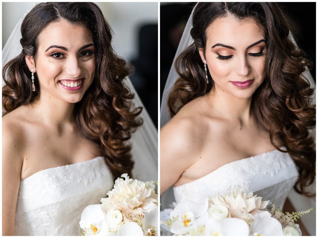 Traditional window lit bridal portrait collage with bride smiling and looking at her flowers