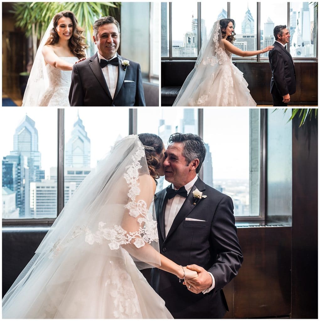 Father of the bride first look collage at Loews Philadelphia with bride tapping father on the shoulder and kissing him on the cheek
