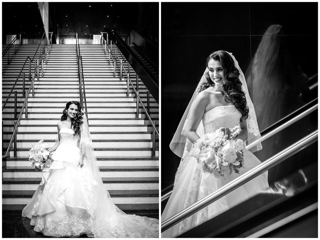 Black and white bridal portrait collage of elegant bride in lace ballgown and veil in stairwell with reflections at Loews Philadelphia