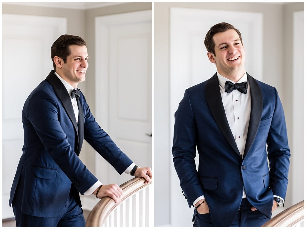 Traditional window lit groom portrait collage with groom leaning over banister