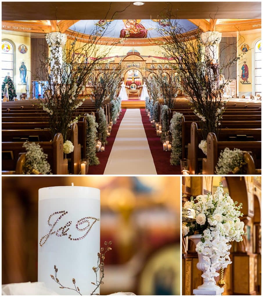 Church wedding ceremony details with aisle of tall branch florals, candle with bride and grooms initials, and white rose center florals