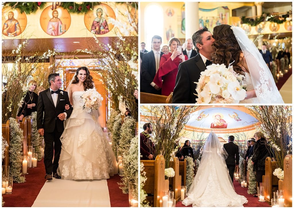 Father of the bride looking at bride as they walk down the aisle and kissing her cheek at the alter in church wedding ceremony