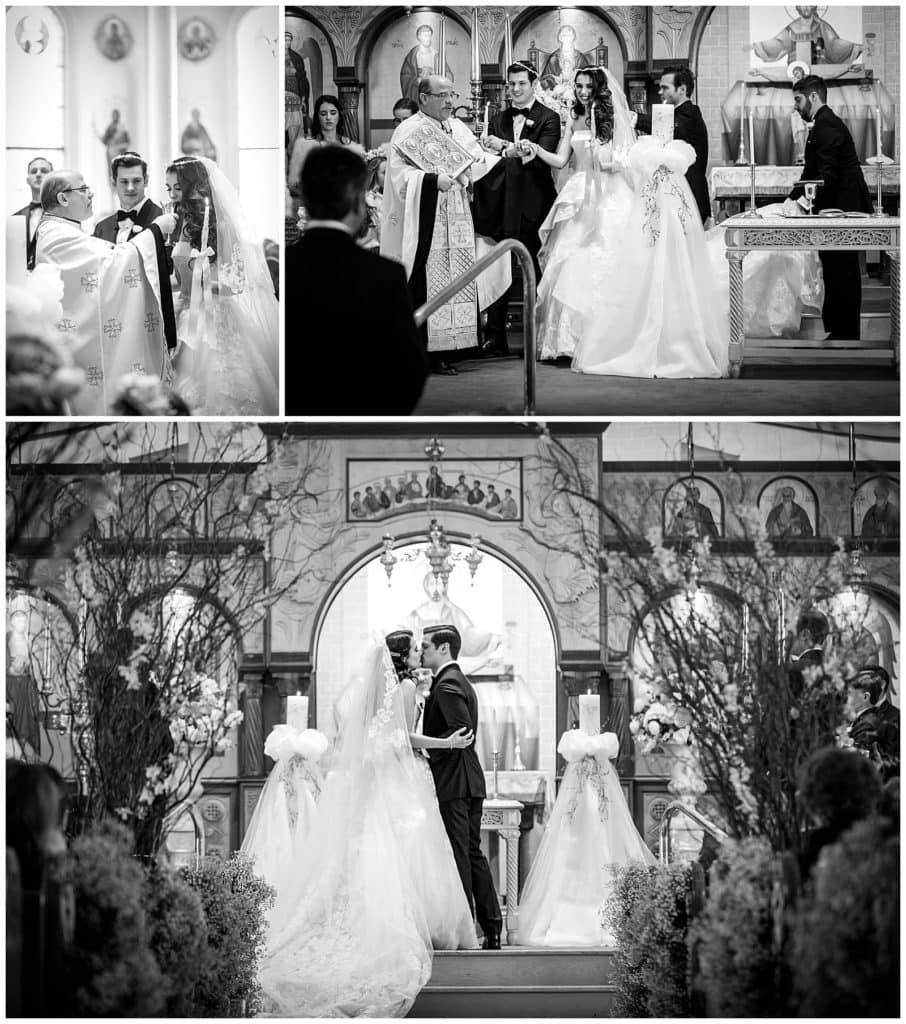 Black and white collage of bride and groom sipping wine, praying, and kissing during traditional church wedding ceremony
