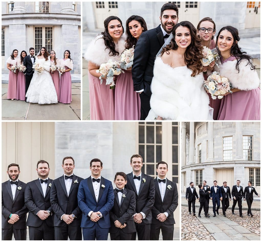 Wedding party portrait collage at the Merchant Exchange Building