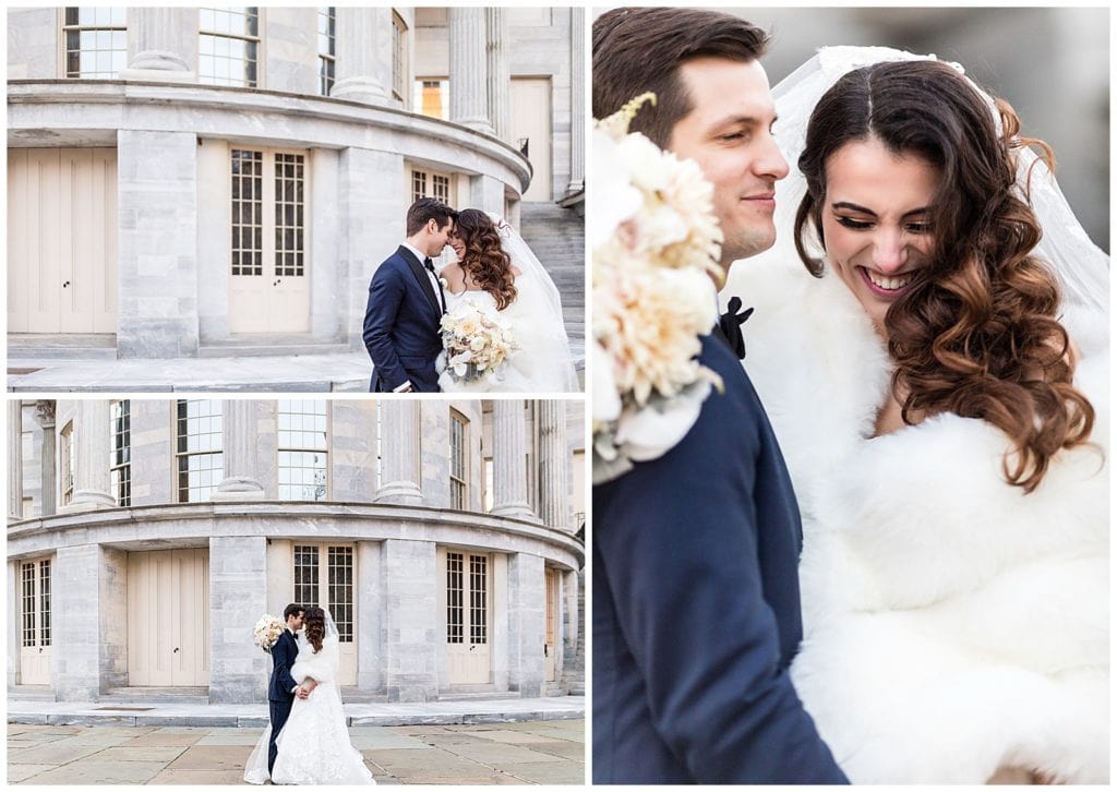 Romantic bride and groom portrait collage with bride and groom touching foreheads and bride with white fur at Merchant Exchange Building