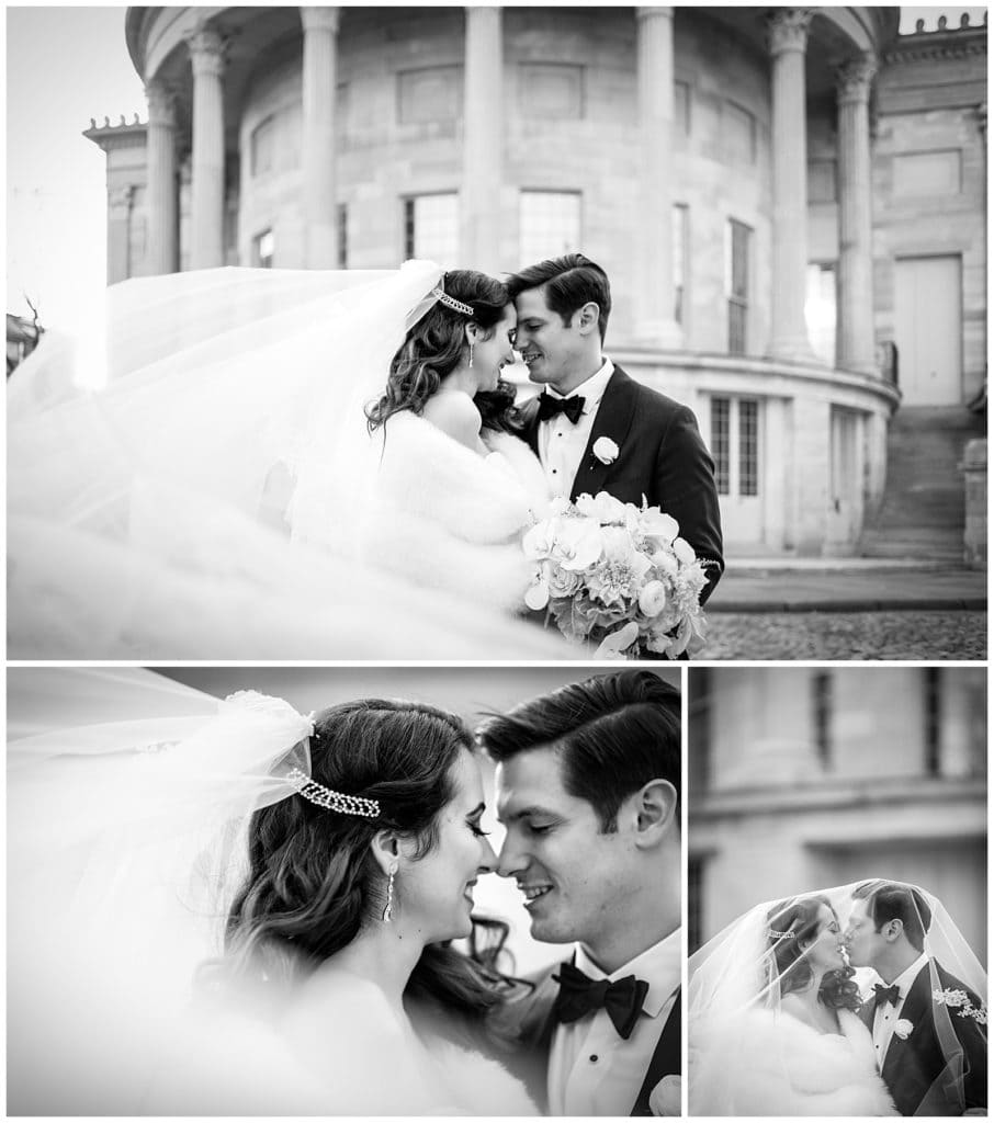 Black and white portrait collage of bride and groom kissing under veil and brides long veil flowing in the wind at the Merchant Exchange Building