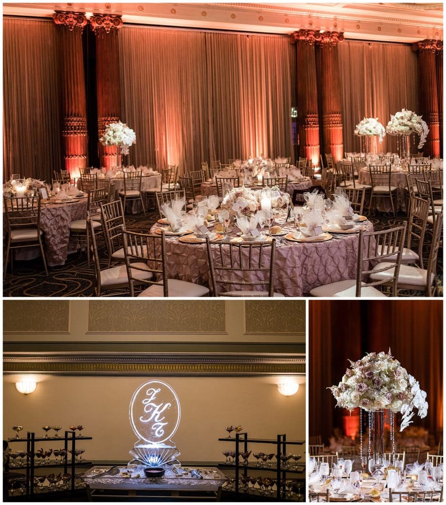 Crystal Tea Room wedding reception detail collage with pink and gold table, monogram ice sculpture, and tall floral centerpieces
