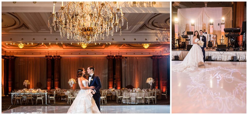Bride and groom on dance floor and standing next to initials spotlight at Crystal Tea Room wedding reception