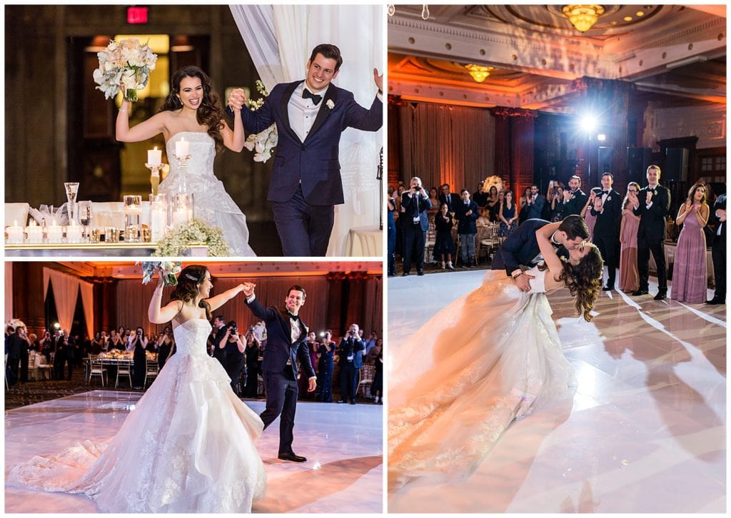 Bride and groom introduction and first dance collage with groom dipping at kissing bride at Crystal Tea Room wedding reception