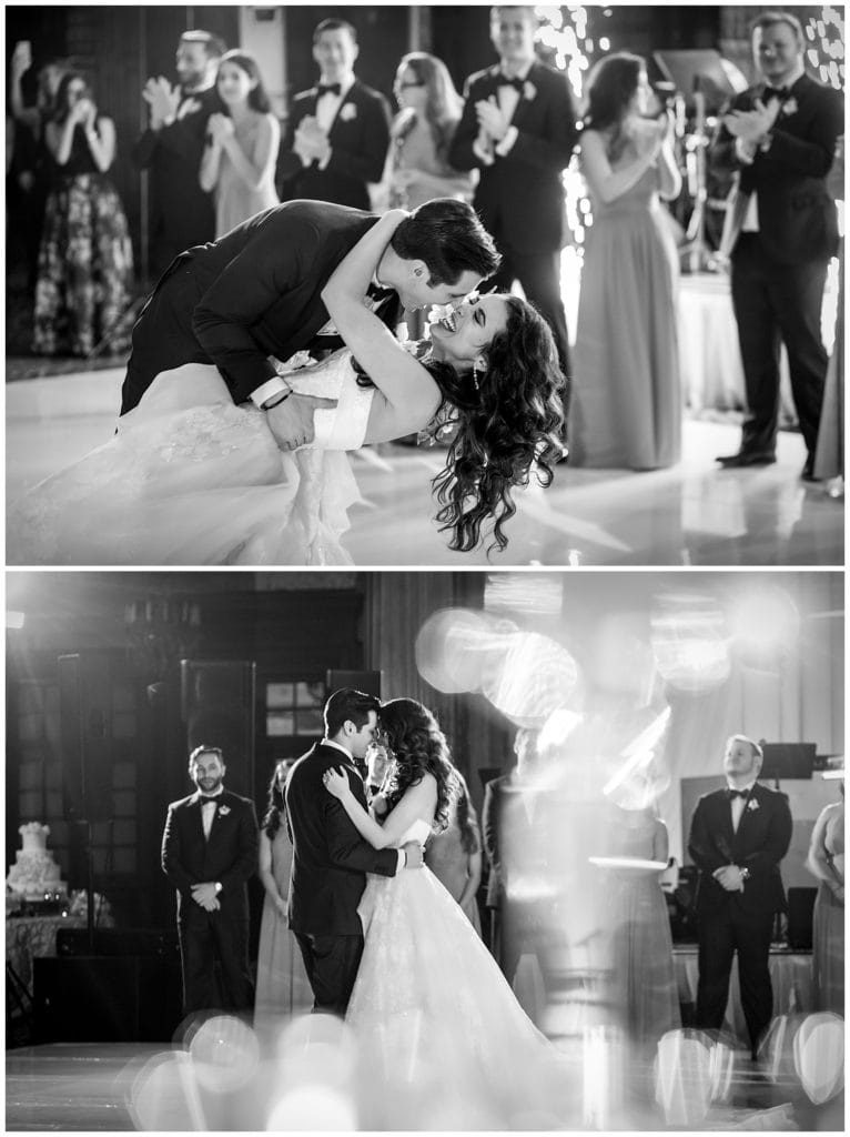 Black and white portrait collage of groom dipping bride during first dance at Crystal Tea Room wedding reception