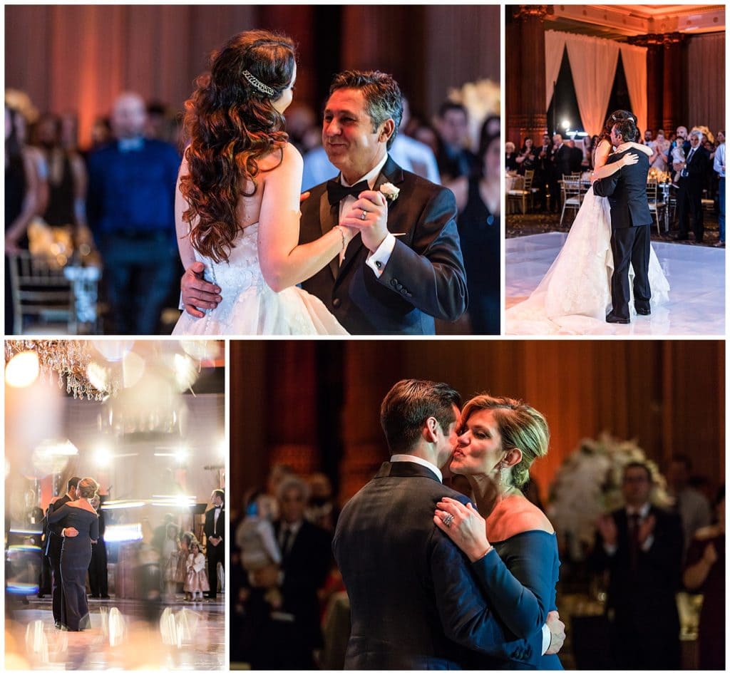 Parent dance collage with father of the bride and mother of the groom dances at Crystal Tea Room wedding reception