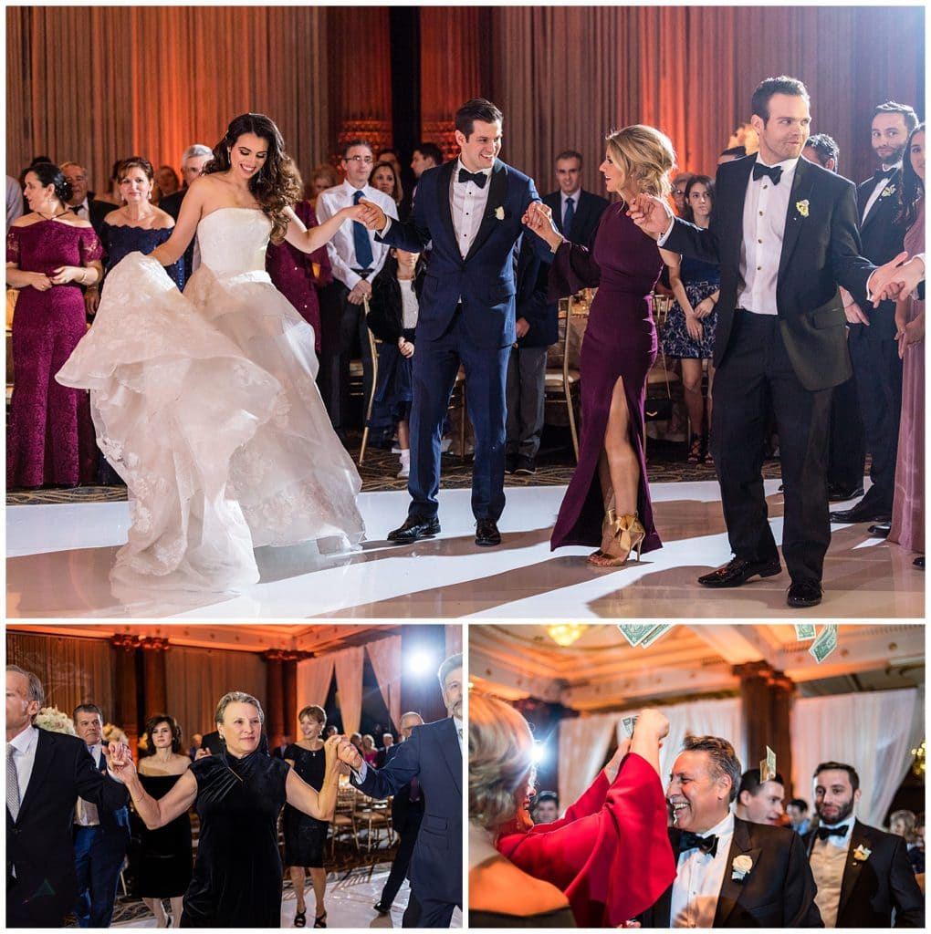 Traditional Greek wedding dance and guests throwing dollar bills at Crystal Tea Room wedding reception