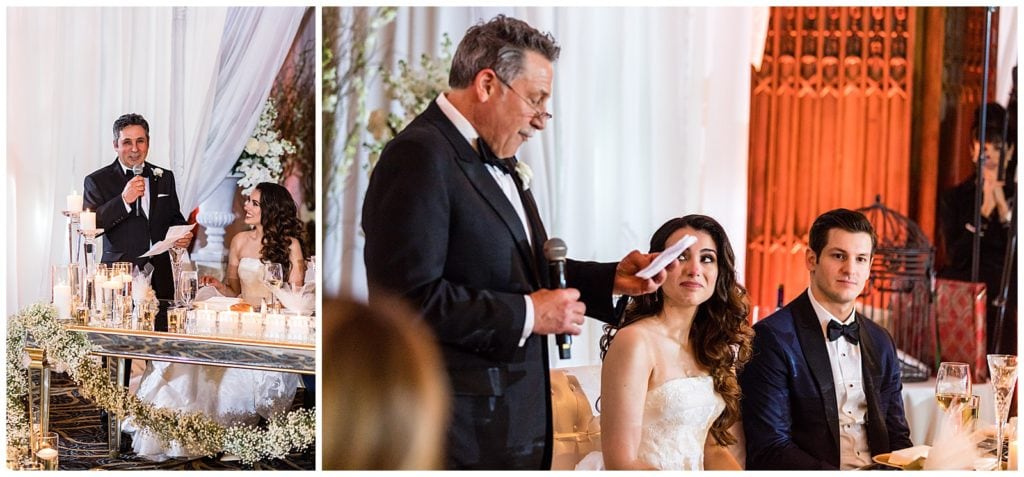 Father of the bride and groom speeches collage at Crystal Tea Room wedding reception