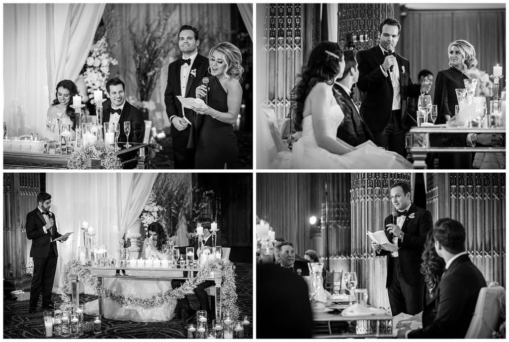 Black and white collage of toasts and speeches at Crystal Tea Wedding reception