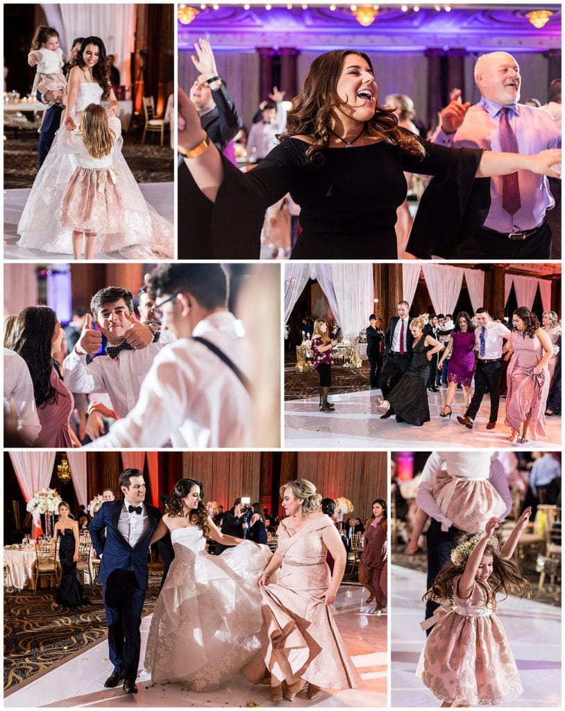 Bride, groom, and guests on dance floor collage at Crystal Tea Room wedding reception