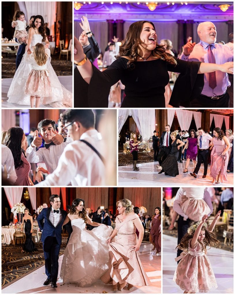 Bride, groom, and guests on dance floor collage at Crystal Tea Room wedding reception