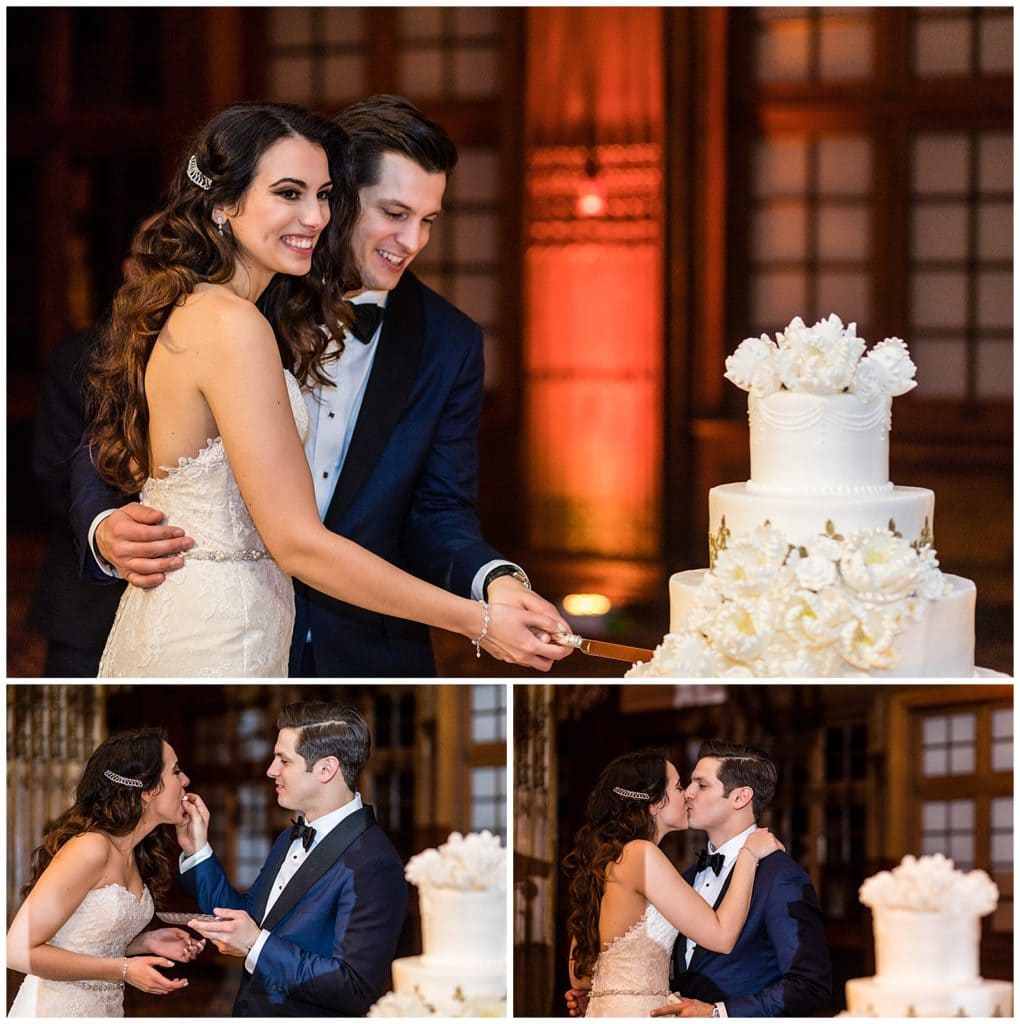 Bride and groom cut cake, groom feeds bride a piece of cake, and bride and groom kiss after cutting cake collage at Crystal Tea Room wedding reception