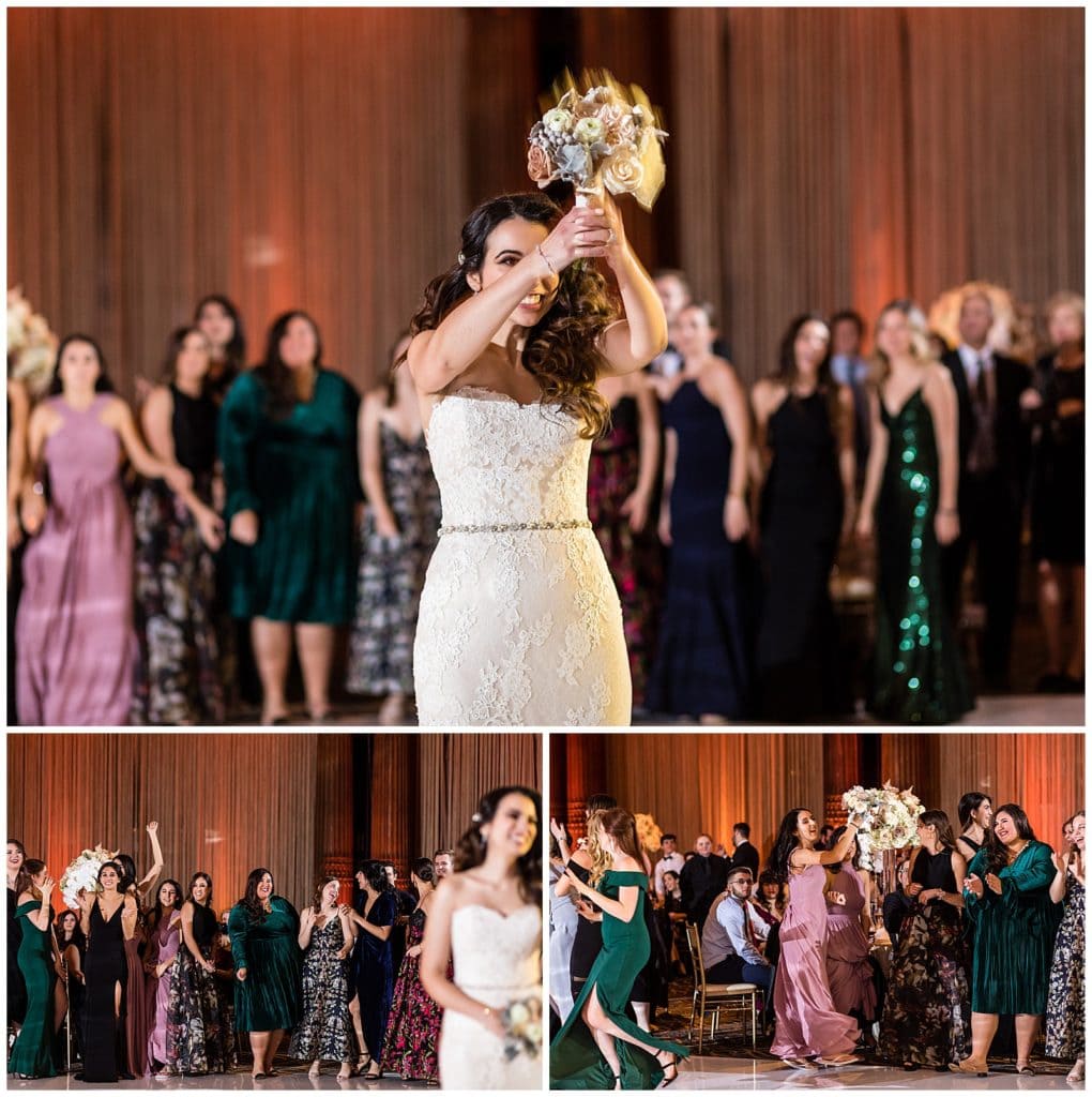 Bride tosses bouquet and bridesmaid catches bouquet collage at Crystal Tea Room wedding reception