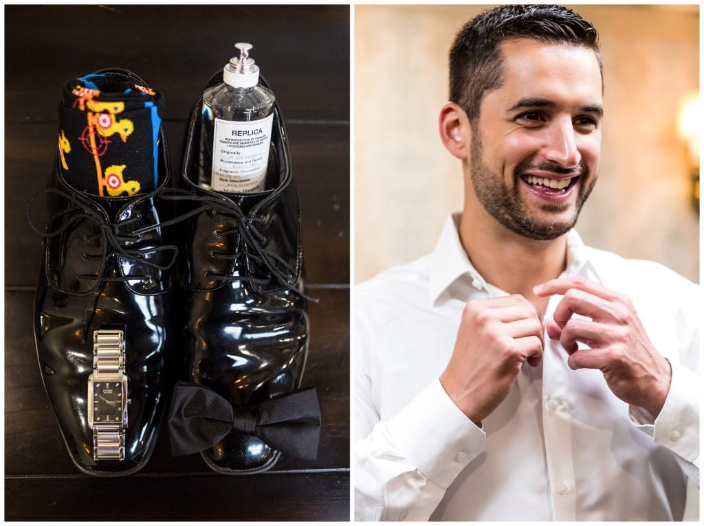 Groom prep collage with groom buttoning shirt and dress shoes, bowtie, watch, and cologne details