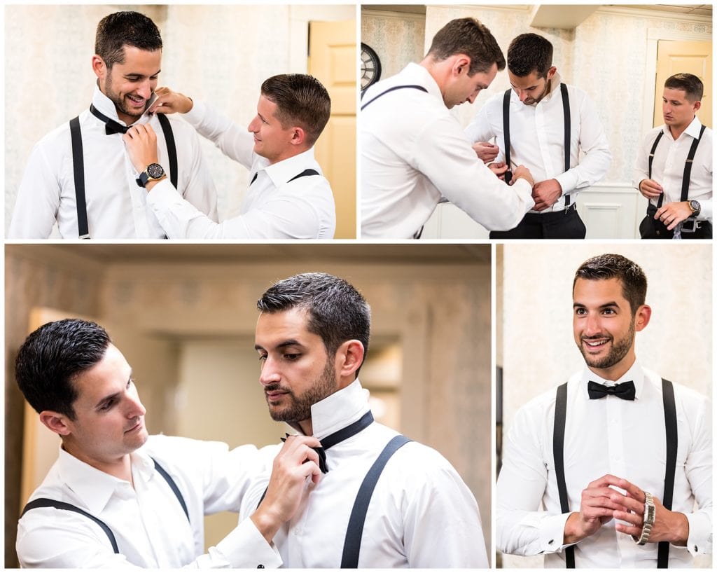 Groomsmen helping groom tie bowtie and adjust suspenders collage