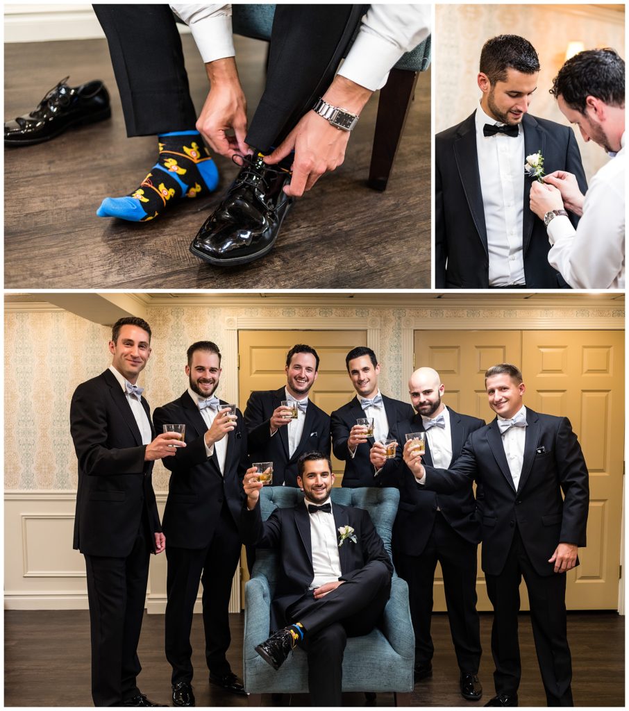Groom putting shoes on over rubber ducky socks, groomsman pinning boutonniere on groom, and groomsmen toasting whiskey collage