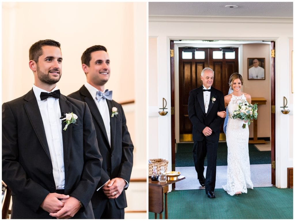 Groom standing at alter watching bride and her father walk down aisle at St. James church wedding ceremony