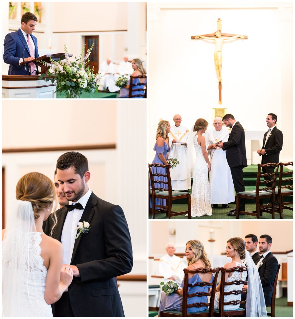 Groomsman doing a reading, bride and groom exchanging rings curing ceremony at St. James Roman Catholic Church wedding