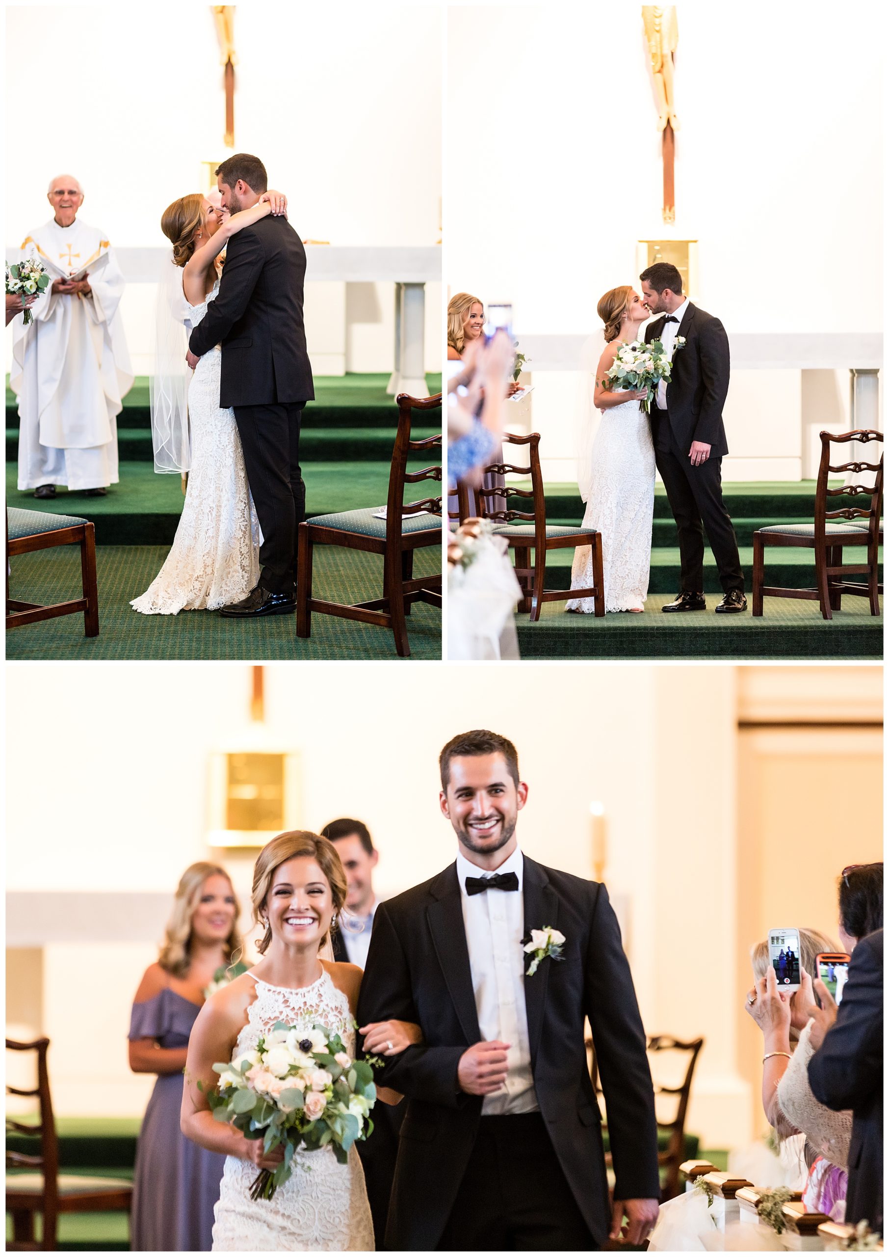 Bride and groom kiss at alter and walk up aisle at St. James Roman Catholic Church wedding ceremony