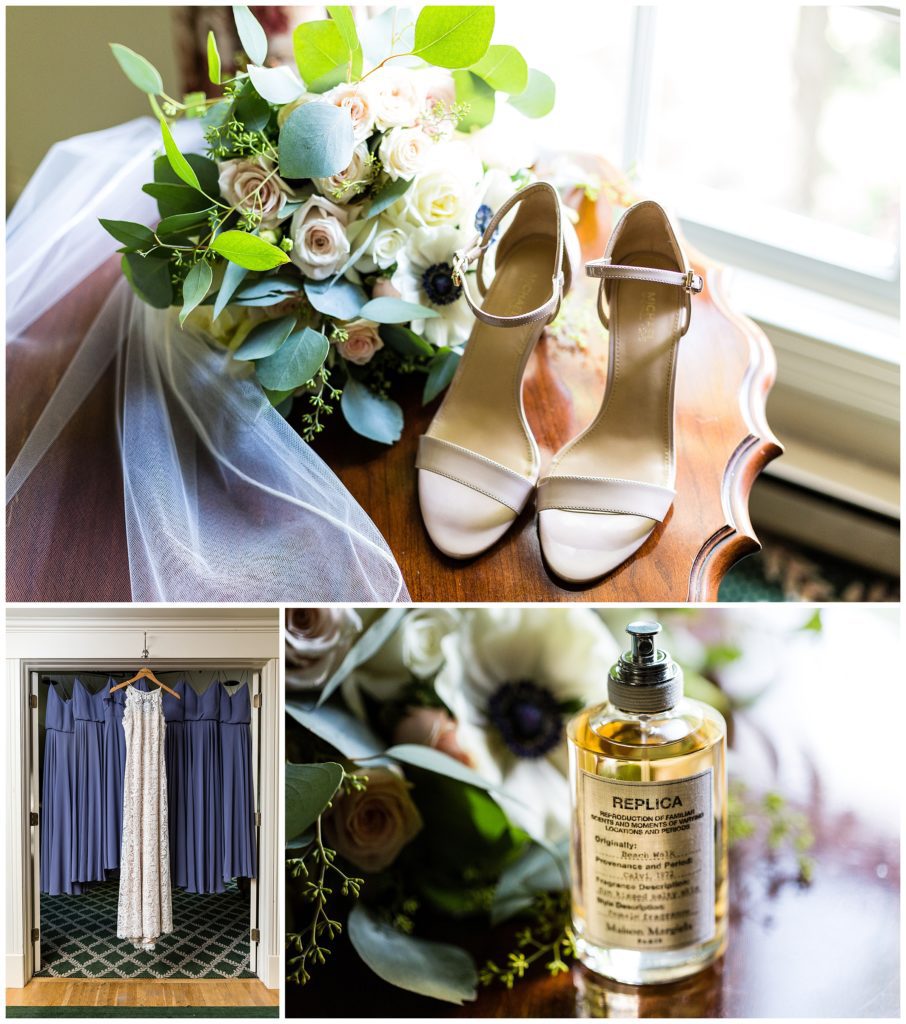 Bridal detail collage with bouquet, tan heels, perfume, and wedding gowns hanging in doorway at the Olde Mill Inn wedding