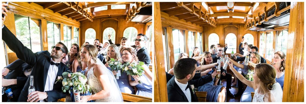 Bride and groom take selfie and toast drinks in trolley collage