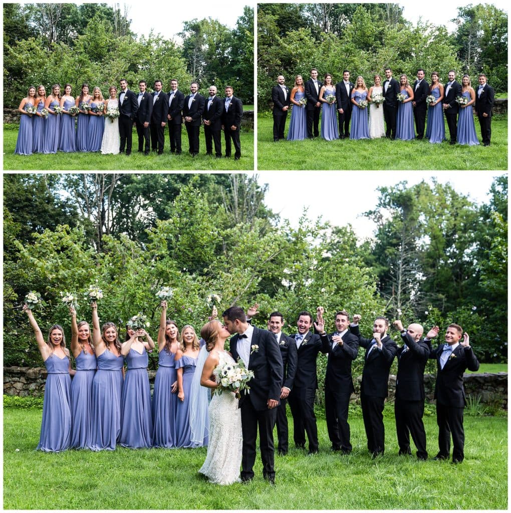 Traditional wedding party portrait collage with wedding party cheering as bride and groom kiss