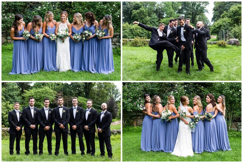 Bridesmaids and groomsmen portrait collage with groomsmen picking on groom and bridesmaids looking over their shoulders