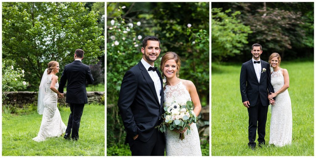 Bride and groom portrait collage walking through field at the Olde Mill Inn wedding