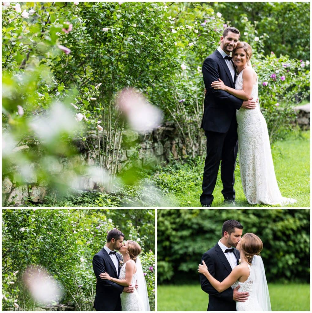 Traditional bride and groom portrait collage kissing in garden at the Olde Mill Inn wedding