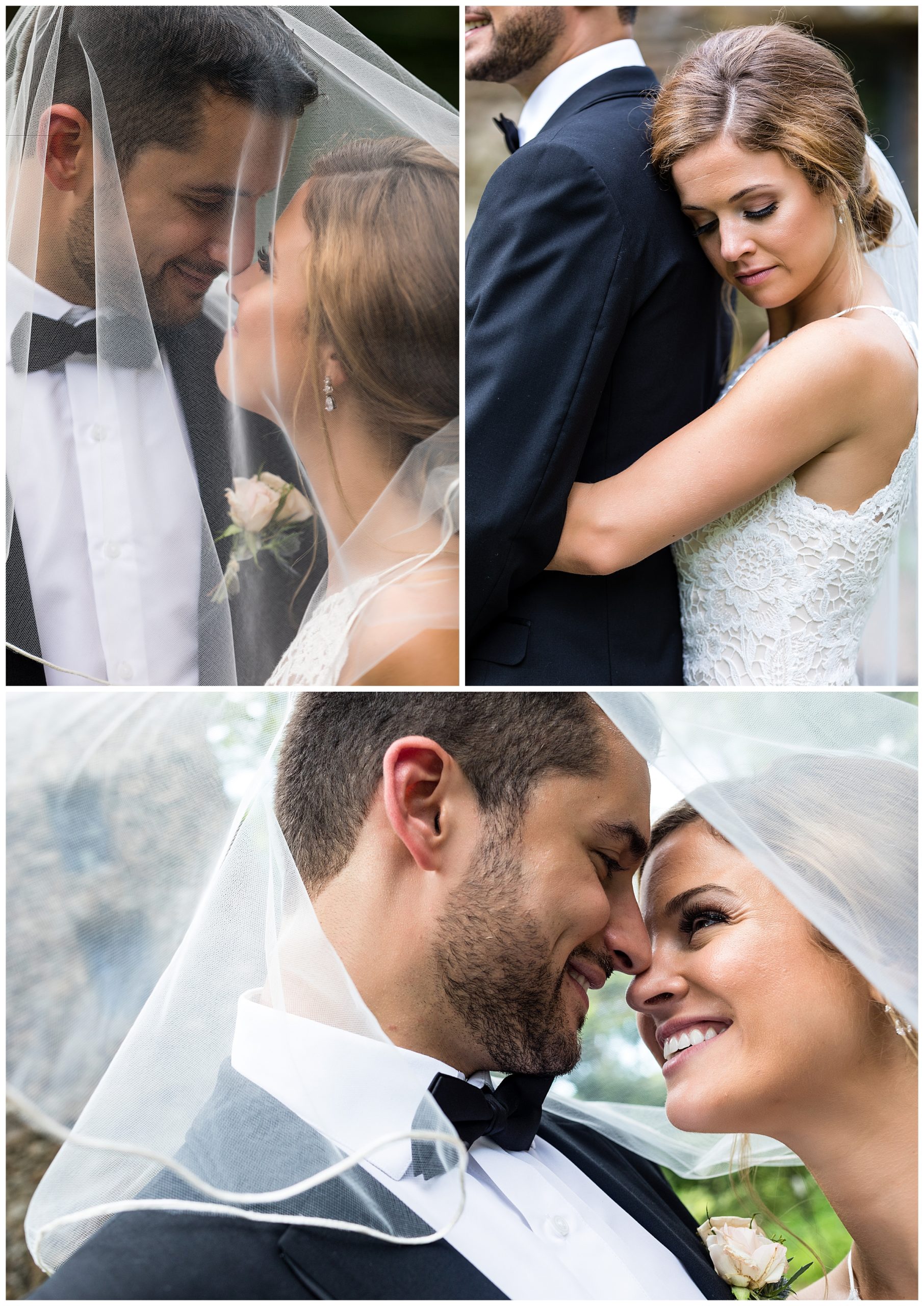 Bride and groom smile at each other under veil collage