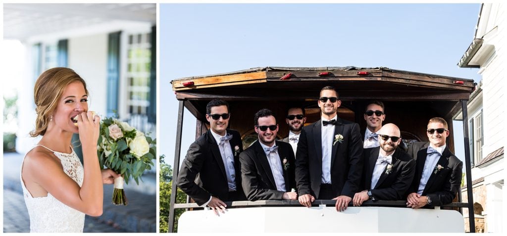 Bride having a snack and groomsmen standing in back of open trolley collage