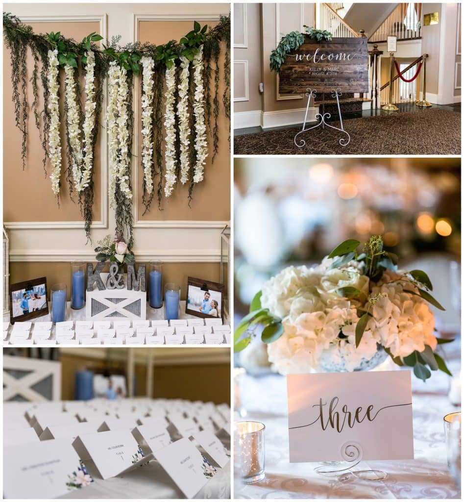The Olde Mill Inn wedding reception detail collage with wooden welcome sign, name card table with hanging florals, and white floral centerpieces