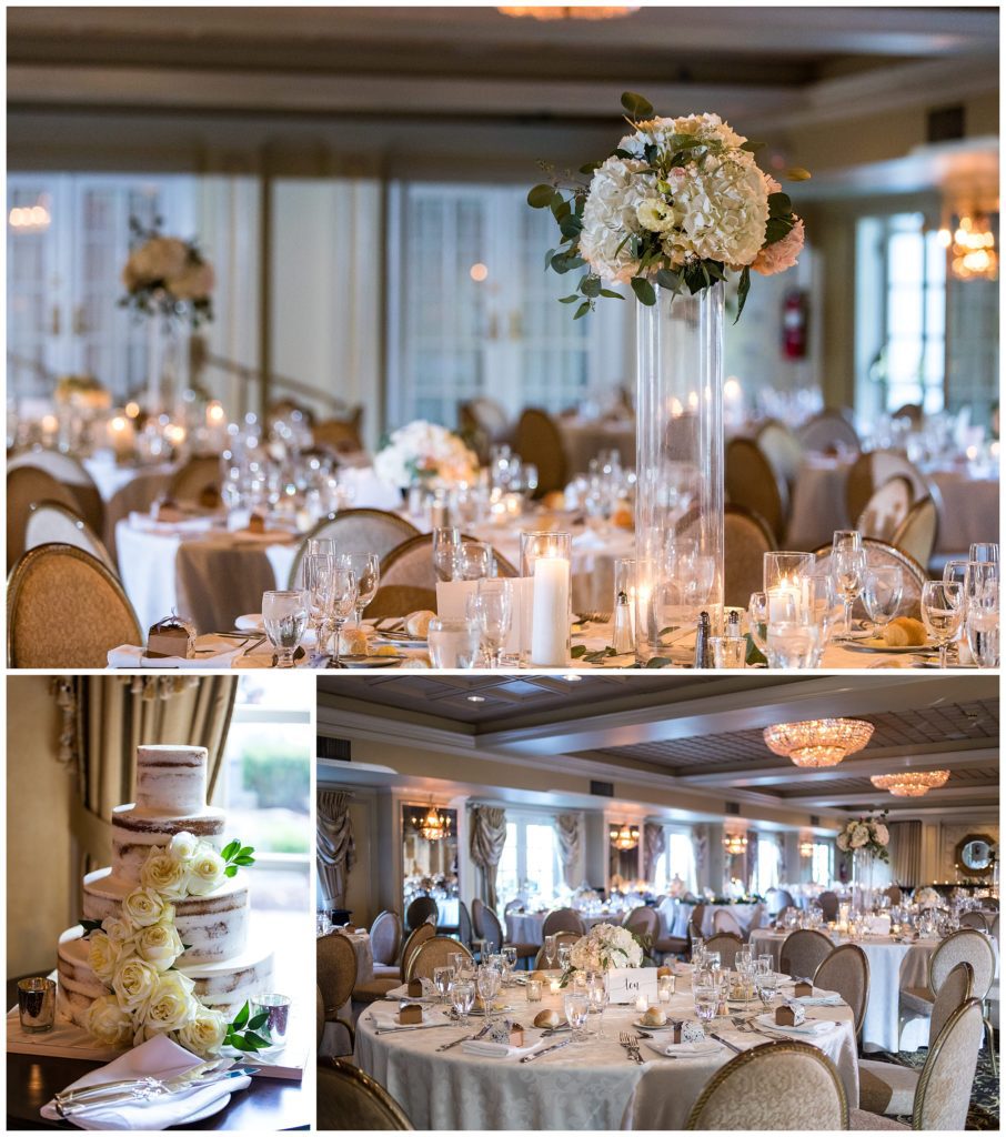 The Olde Mill Inn wedding reception detail collage with tall floral centerpieces and rustic wedding cake with white rose florals