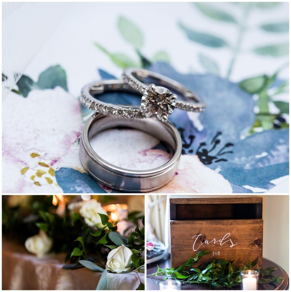 Wedding bands and engagement ring on watercolor floral, white rose floral detail, and wooden card box detail collage