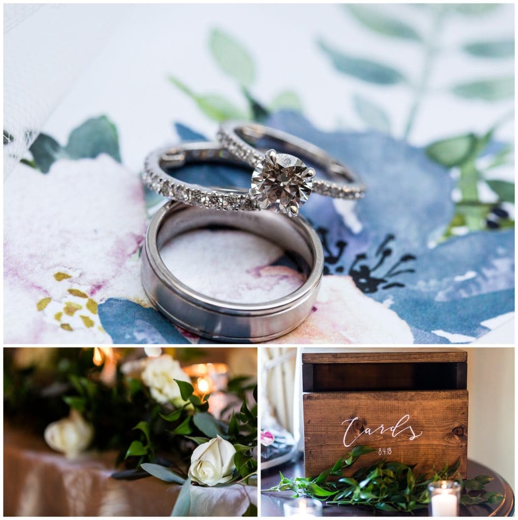 Wedding bands and engagement ring on watercolor floral, white rose floral detail, and wooden card box detail collage