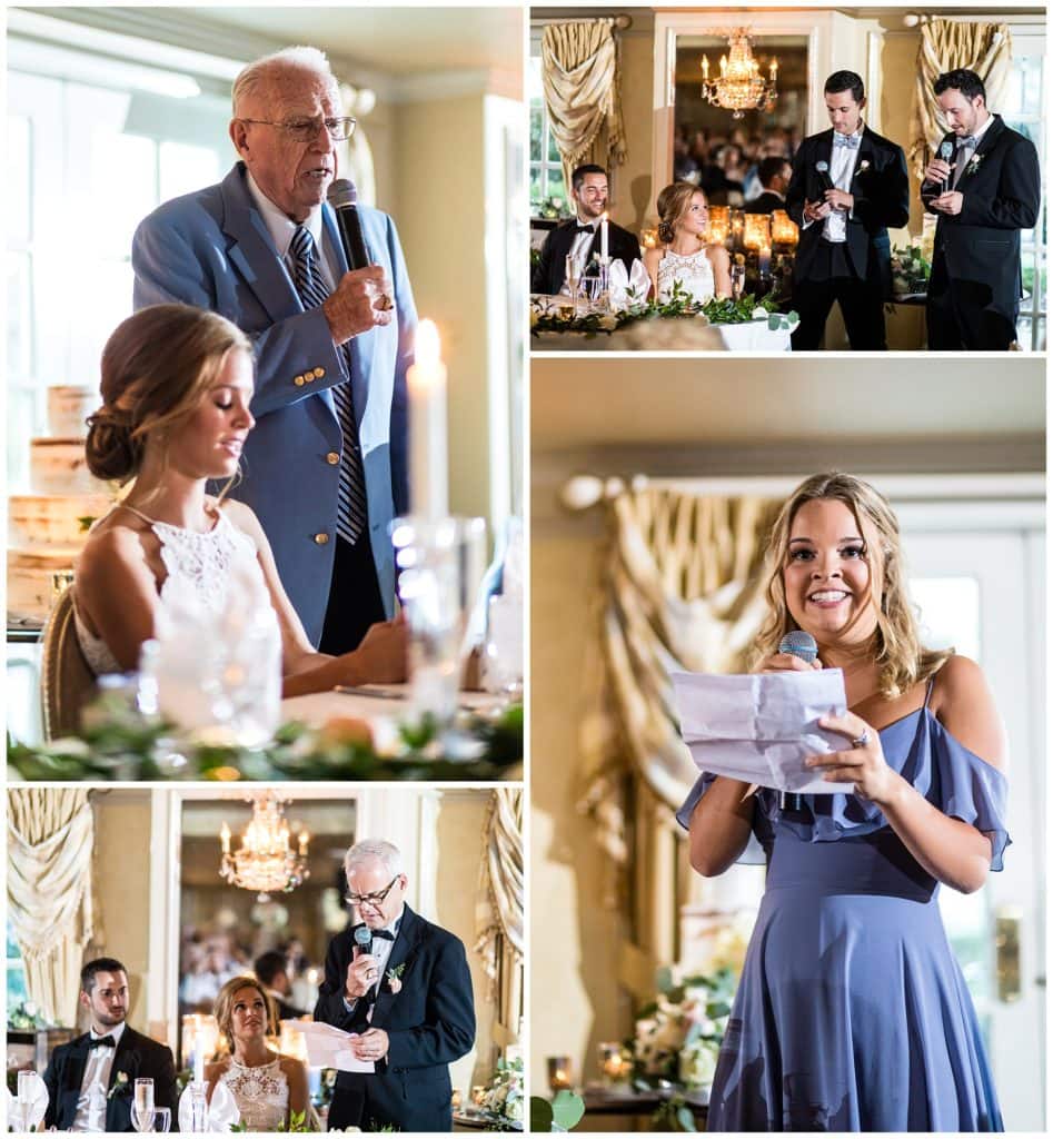 Parent toasts, best men, and maid of honor speeches collage at the Olde Mill Inn wedding reception