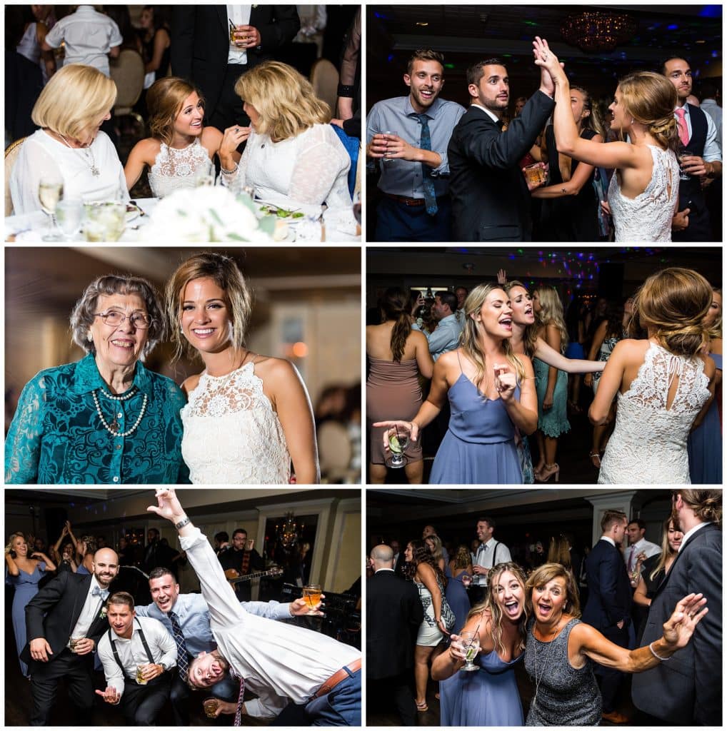 The Olde Mill Inn wedding reception and dance floor collage with bride and groom dancing and talking to guests