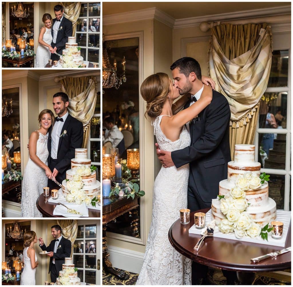 Bride and groom cut cake, groom feeds bride a piece of cake, and bride and groom kiss after cutting cake at the Olde Mill Inn wedding reception
