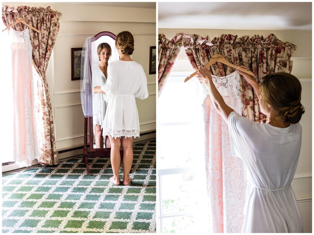 Bride looking in mirror and admiring wedding gown before getting dressed portrait collage