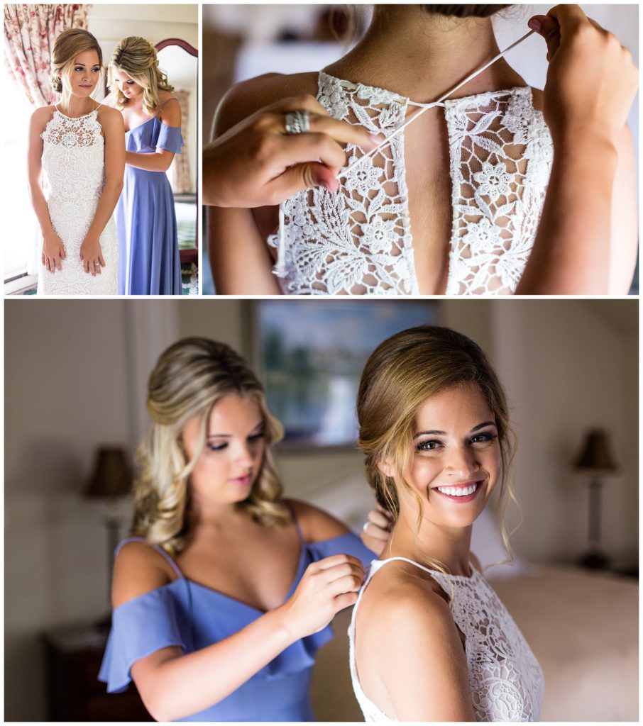 Bridesmaid helping bride into gown collage
