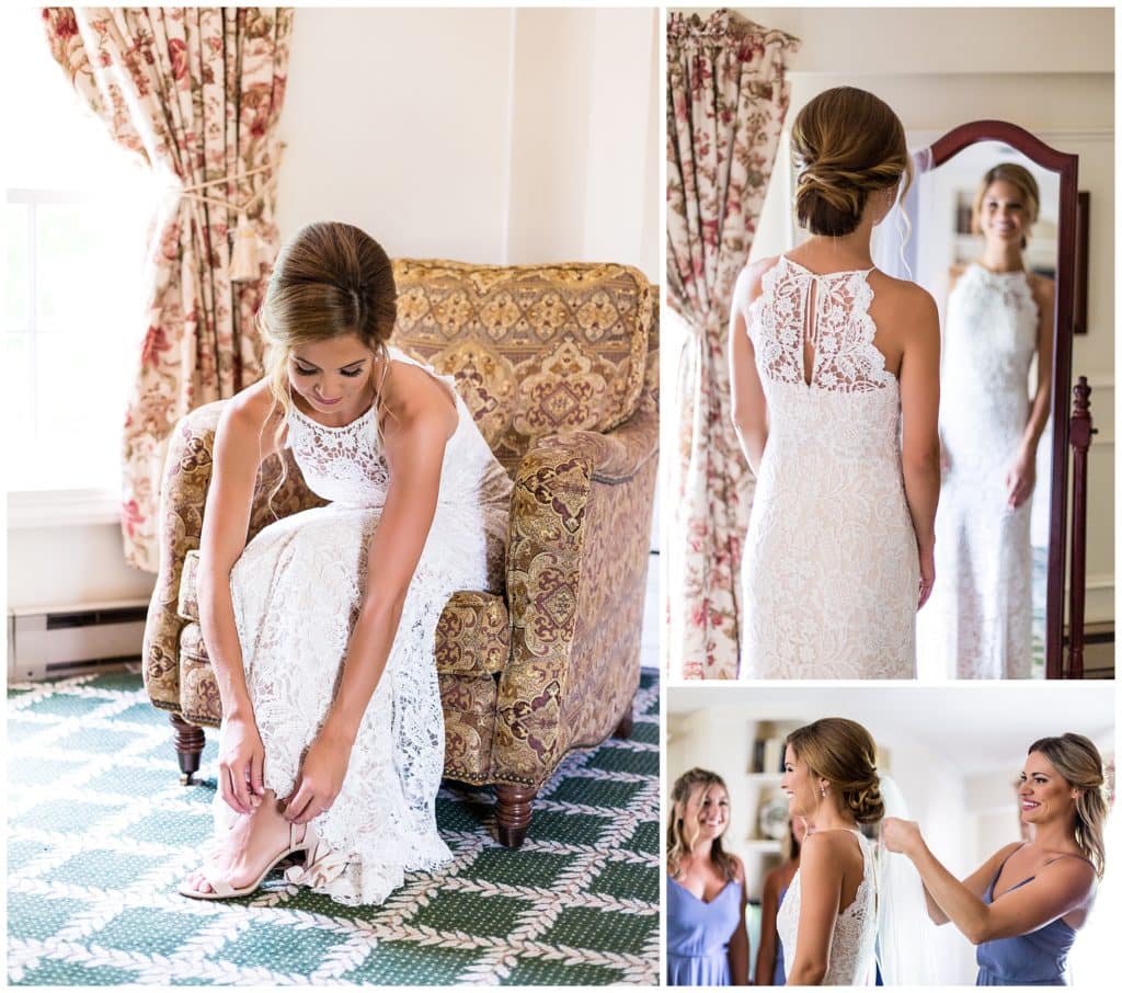 Bride putting on shoes, looking in mirror, and getting help with veil portrait collage