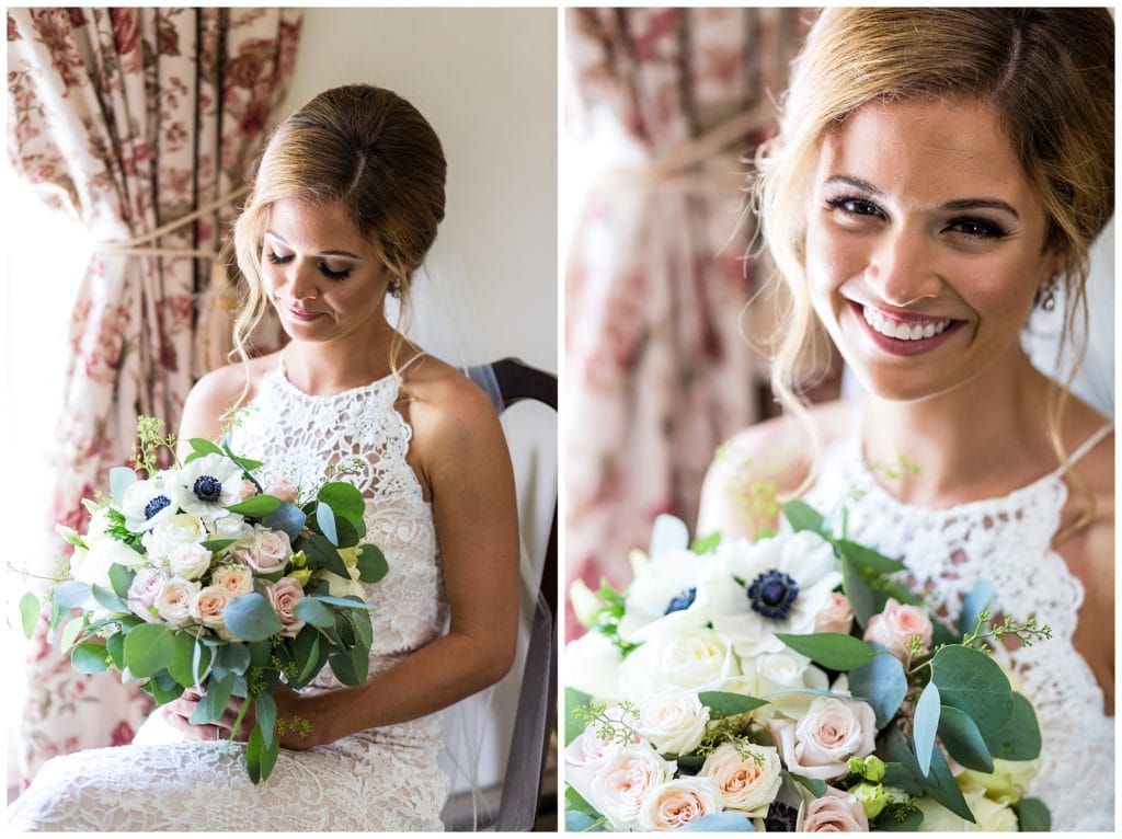 Traditional window lit bridal portrait collage with white rose and greenery bouquet