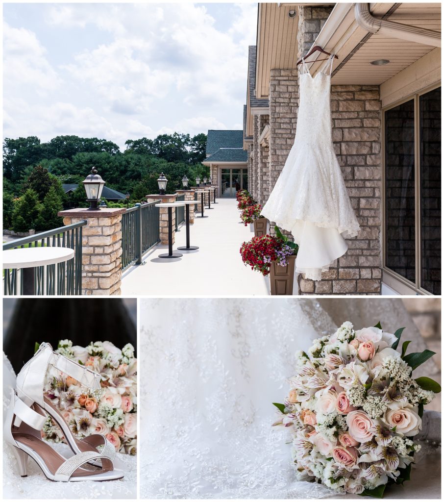 Lace wedding gown hanging on outdoor balcony, white bridal heels, and bridal bouquet at Scotland run wedding