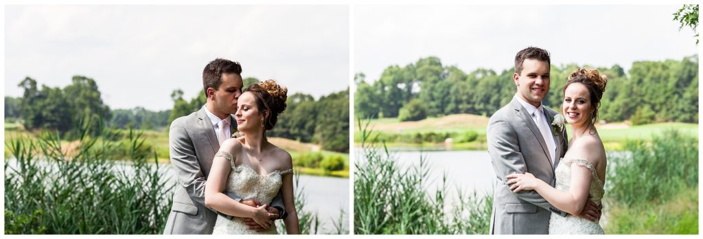 Traditional bride and groom portrait collage in front of pond at Scotland Run wedding